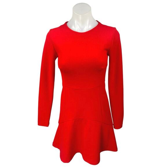 Zara Women's Red Long Sleeve Crew Neck Fit & Flare A Line Mini Dress Size S - Picture 1 of 3